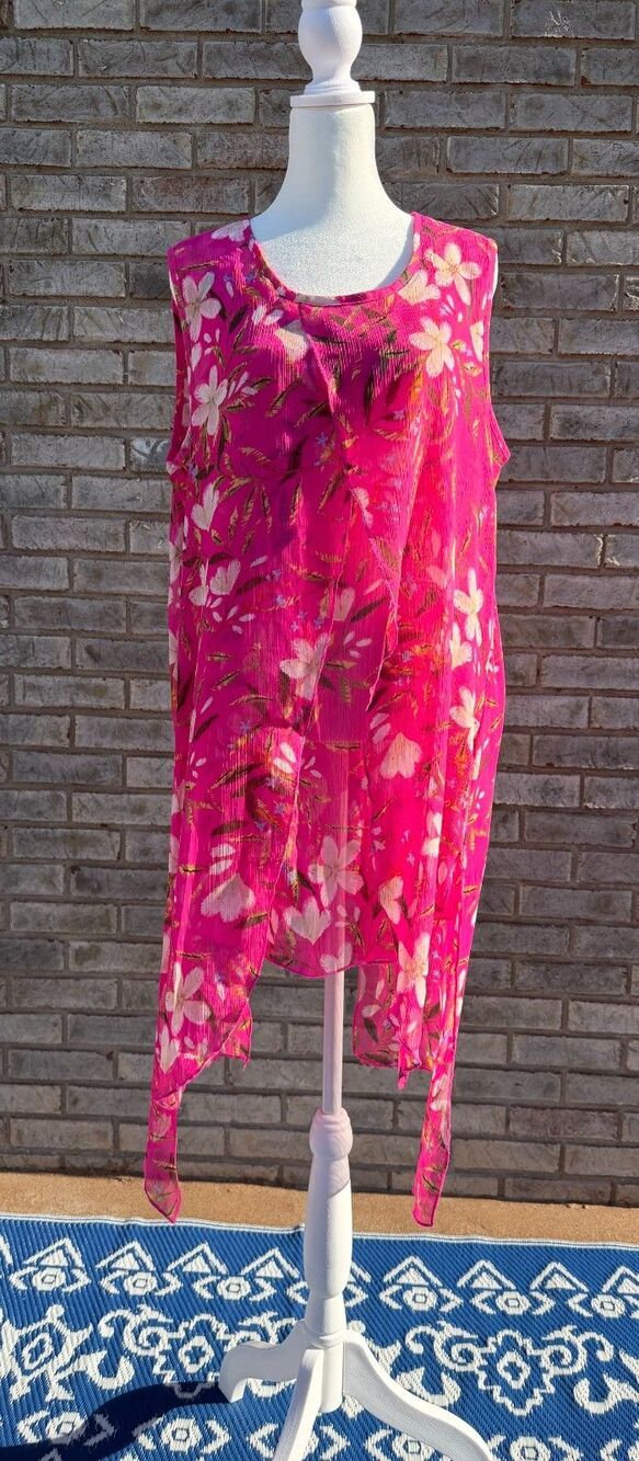 Pink Floral Crinkle Chiffon Sleeveless Asymmetrical Top Flowy Bloomcore Resort